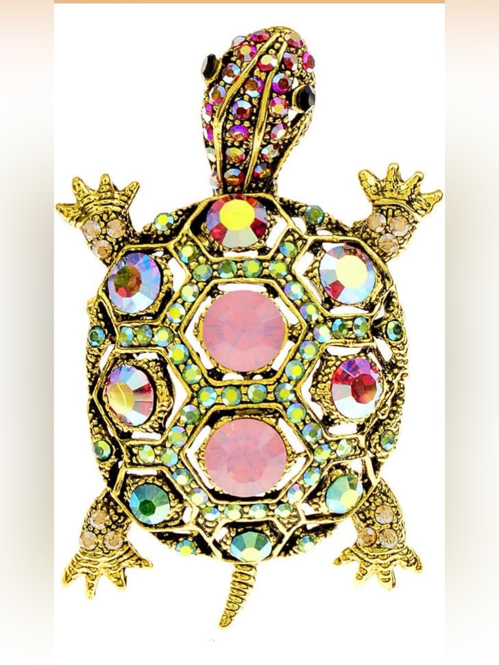 Gold-Tone Pink Multicolor Crystal Turtle Brooch
